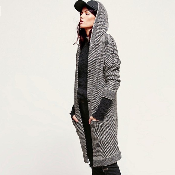 Free People Right Angles Hooded Sweater Jacket Black White Knit Wool Longline-S - Picture 1 of 13